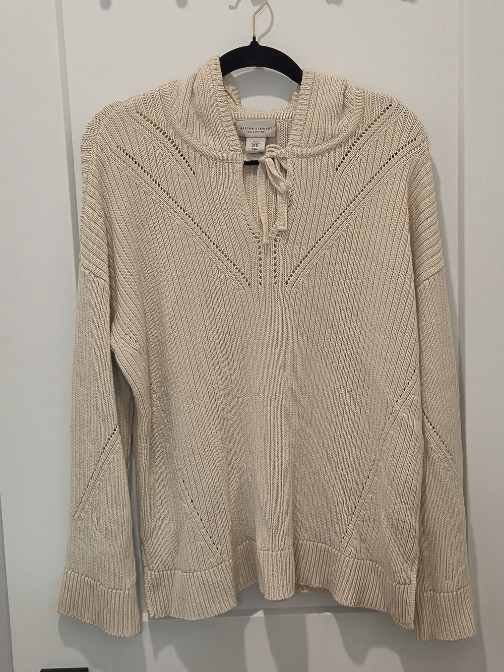 Martha Stewart Cream Cowl Tie Pointelle Ribbed Sweater